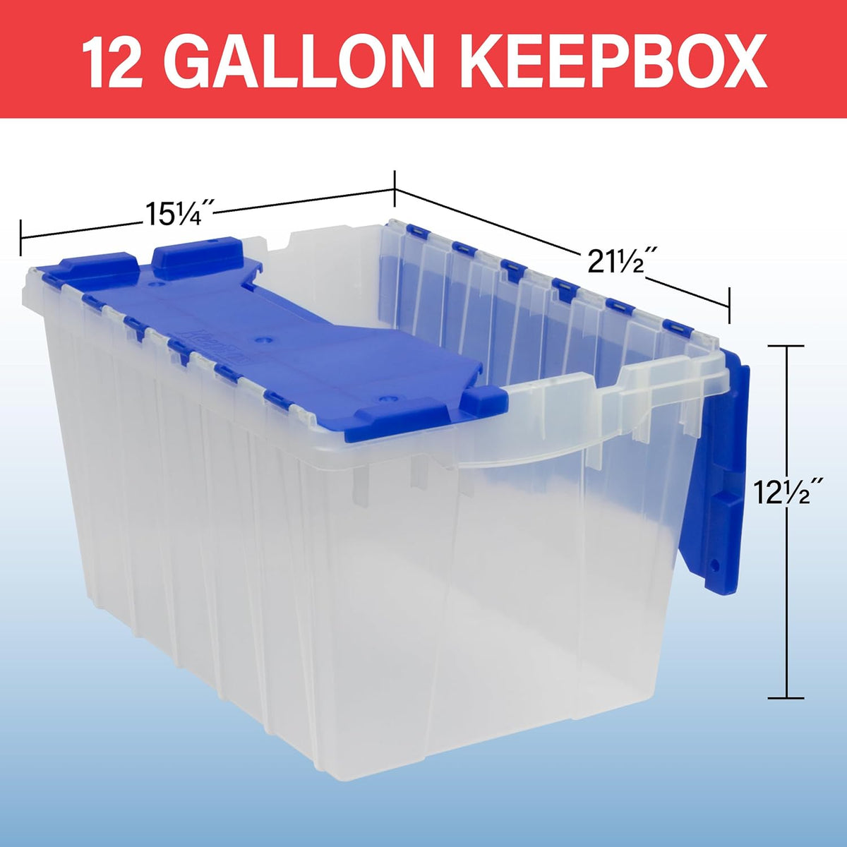 Akro-Mils KeepBox 12 Gallon Storage Container, Nesting and Stackable Plastic Storage Box with Lid Attached, Clear Tote for Garages, Closets, and Moving, 21-1/2 x 15 x 12-1/2, Clear/Blue, 6-Pack